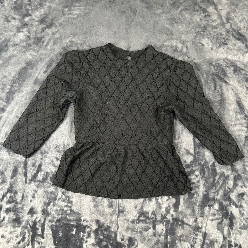 DV Dolce Vita Peplum Blouse Womens Medium Black Lace Diamond Pattern 3/4 Sleeve